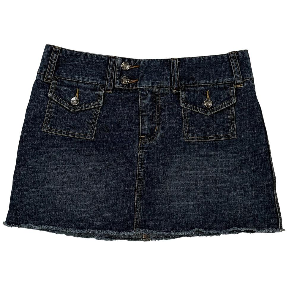 Roxy Jean Dark Wash Denim Mini Skirt Y2K Frayed Hem Cargo Pockets Size 1